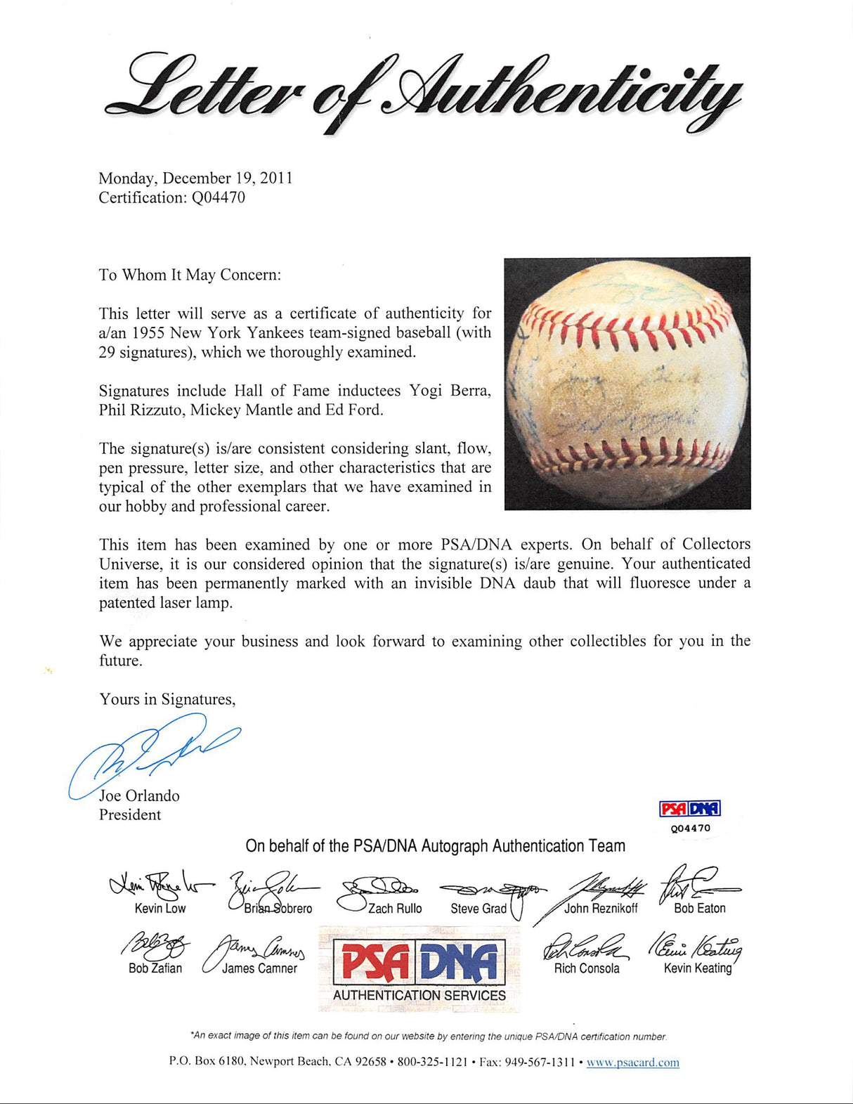1955 Yankees (29) Mickey Mantle, Phil Rizzuto, Yogi Berra & Ed Ford Authentic Signed PSA #Q04470
