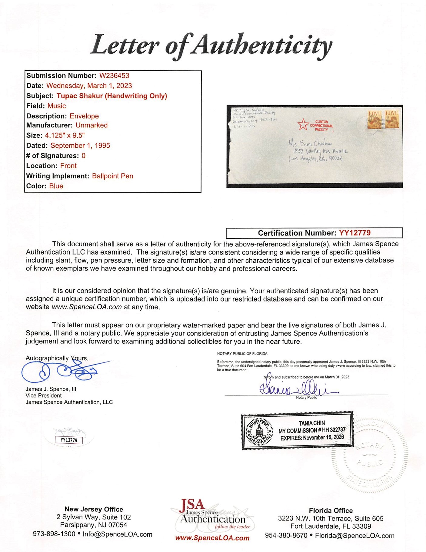Tupac Shakur Signed 4x9.5 Clinton Correctional Facility Envelope JSA #YY12779