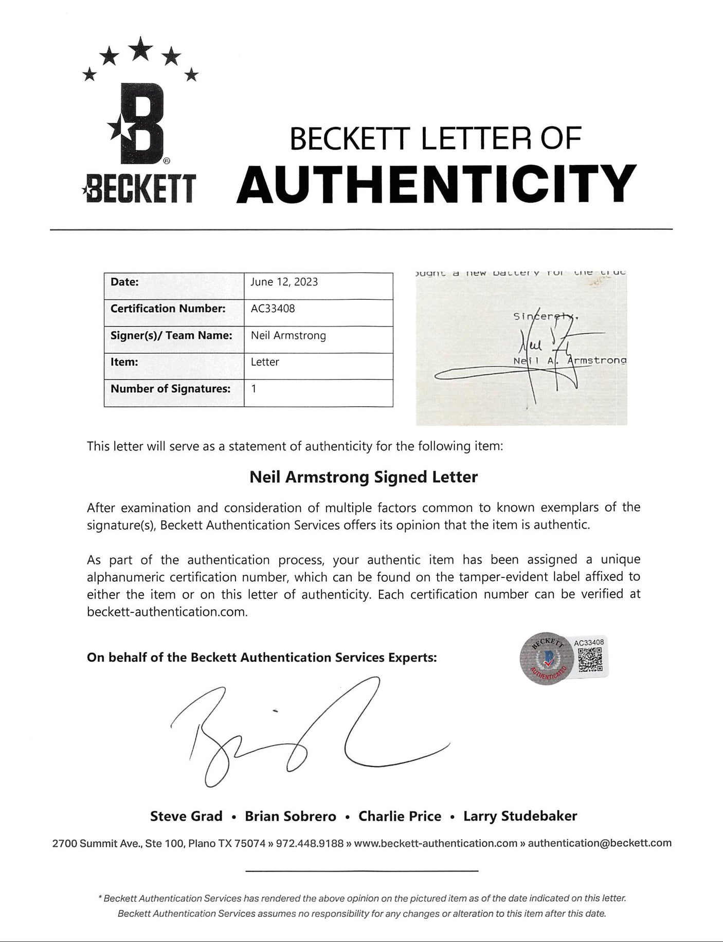 Neil Armstrong Apollo 11 Authentic Signed 8.5x11 1994 Typed Letter BAS #AC33408