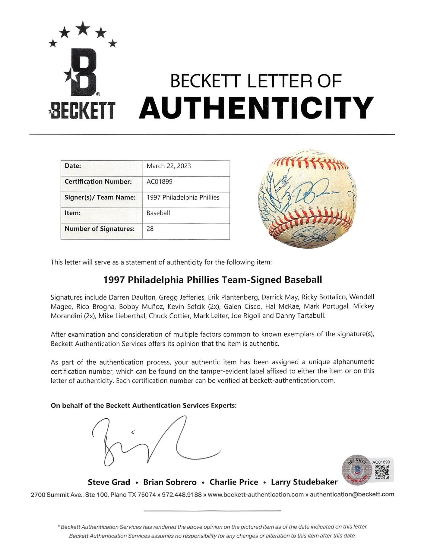 1997 Phillies (28) Daulton, Jefferies Morandini Signed Onl Baseball BAS #AC01899