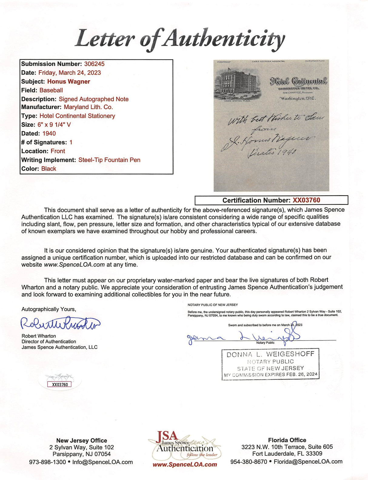Pirates Honus Wagner Authentic Signed 6x9.5 1940 Handwritten Letter JSA #XX03760
