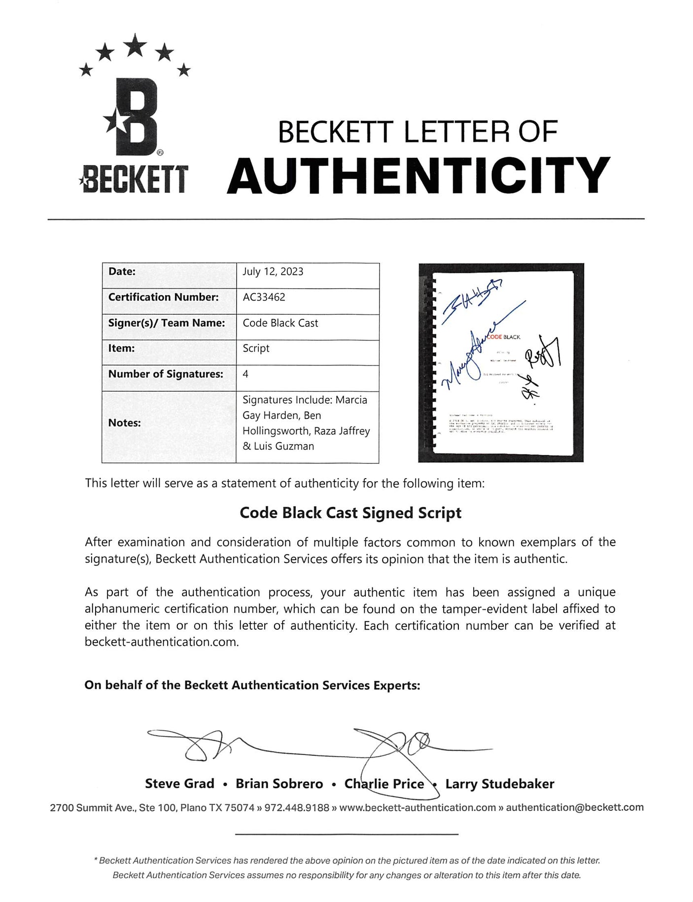 Code Black Cast (4) Harden, Hollingsworth +2 Signed Movie Script BAS #AC33462