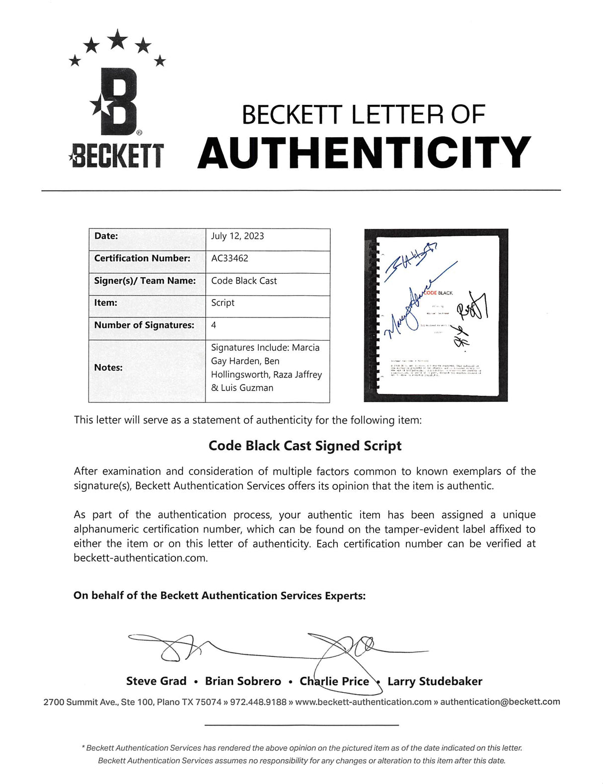 Code Black Cast (4) Harden, Hollingsworth +2 Signed Movie Script BAS #AC33462