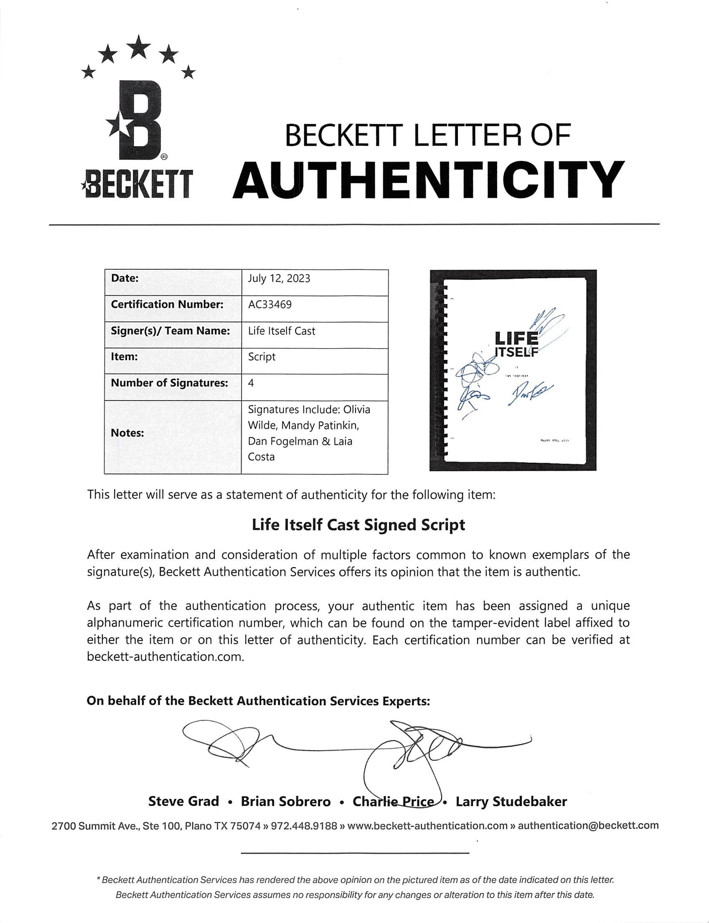 Life Itself Cast (4) Wilde, Patinkin, Fogelman, & Costa Signed Movie Script BAS