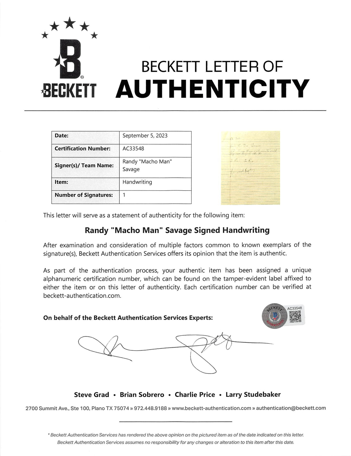 Randy "Macho Man" Savage 8.5x11 Catch Phrase Handwriting Sample BAS #AC33548
