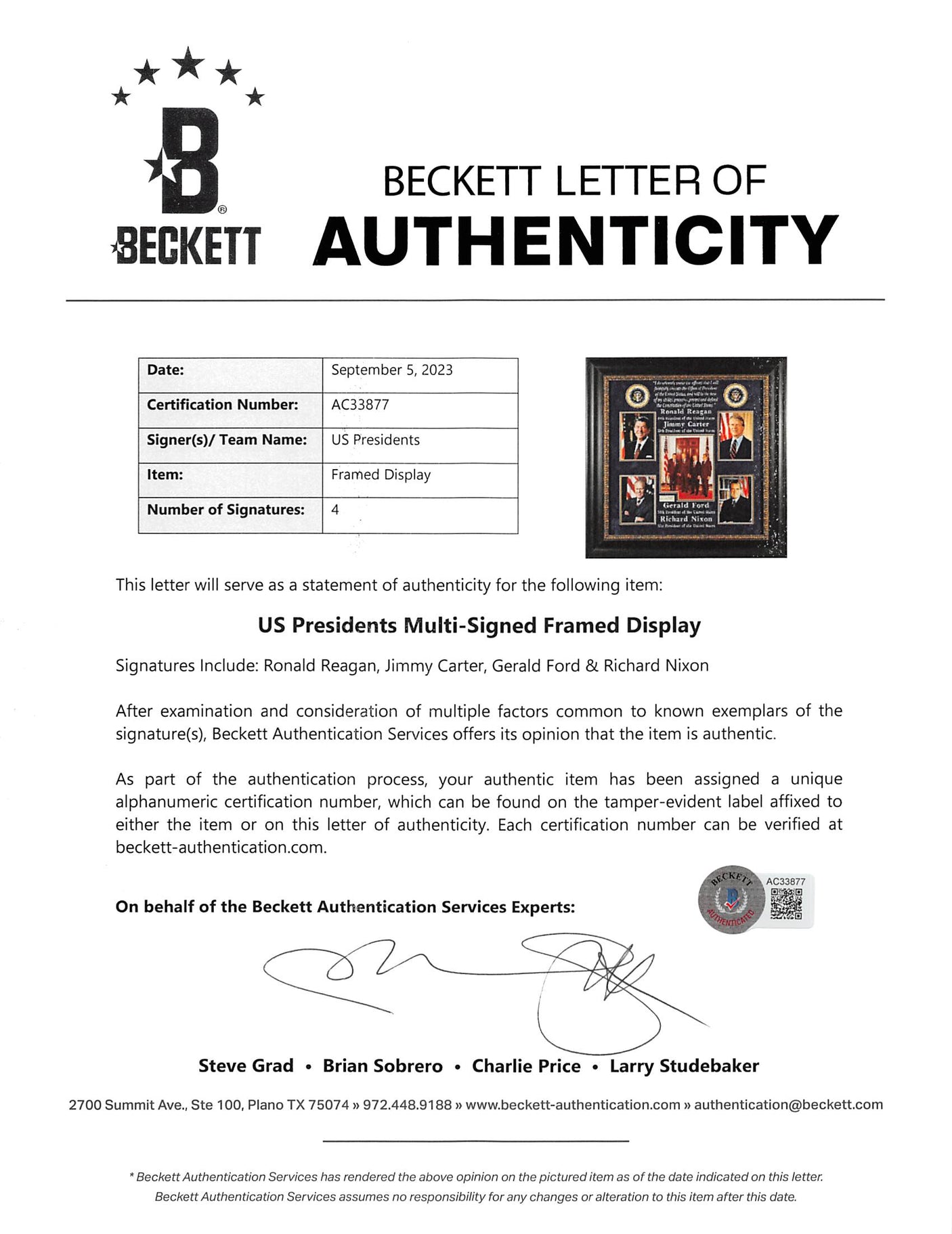 US Presidents (4) Reagan, Carter, Ford & Nixon Signed Framed Display BAS
