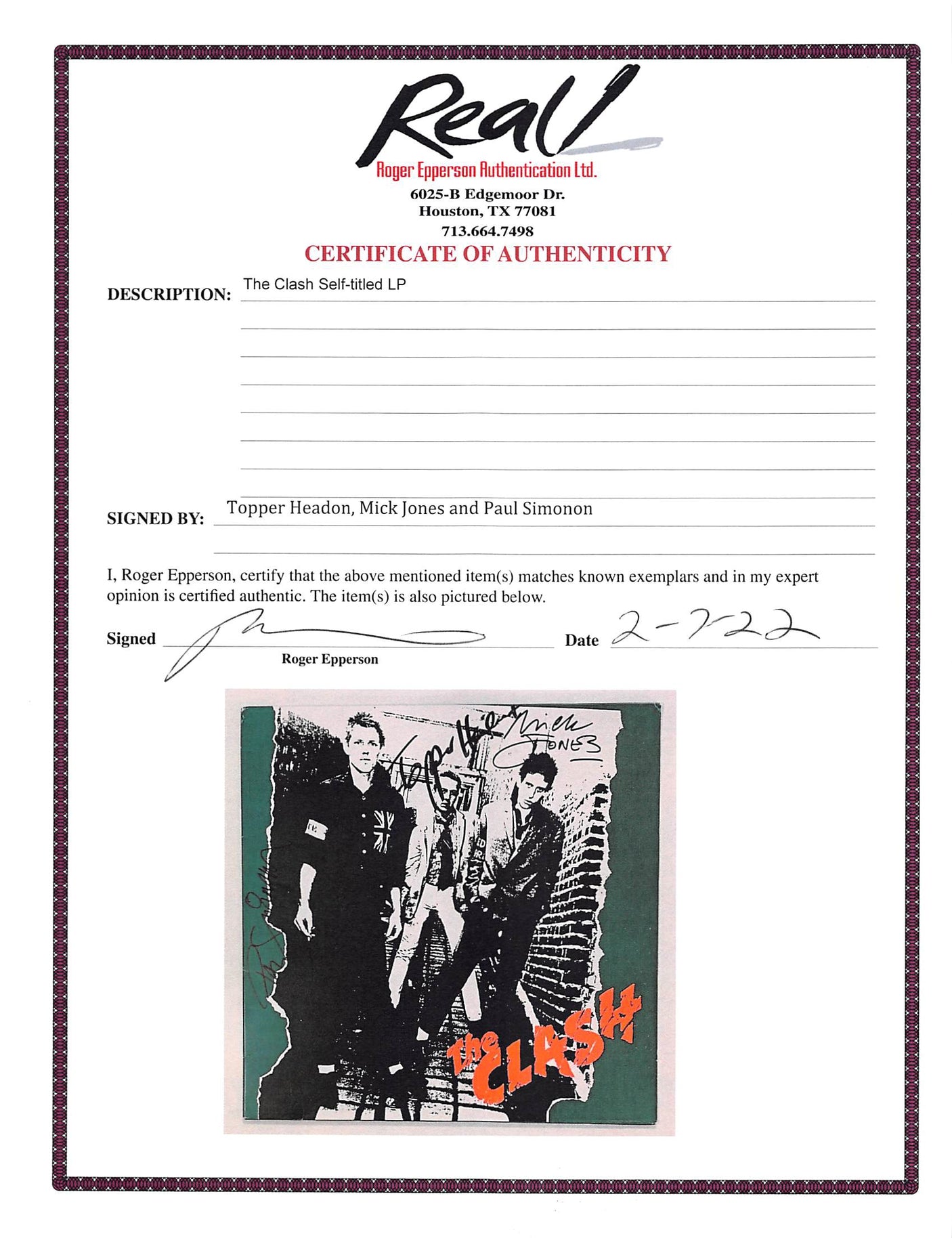 The Clash (3) Jones, Simmon, & Headon Signed Self Titled Album Cover BAS #A54019