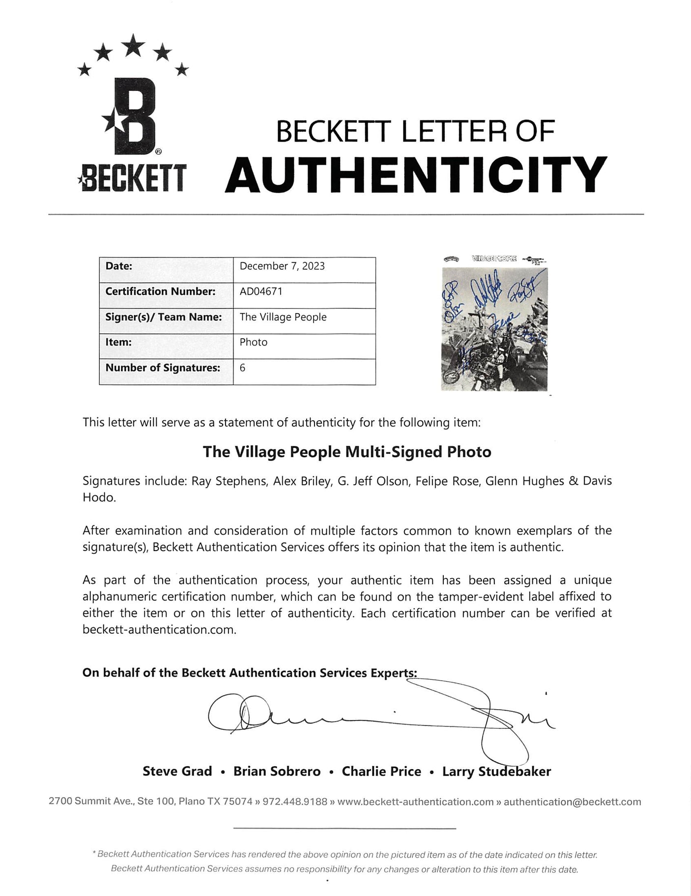 The Village People (6) Stephens, Briley, Olson +3 Signed 8x10 Photo BAS #AD04671