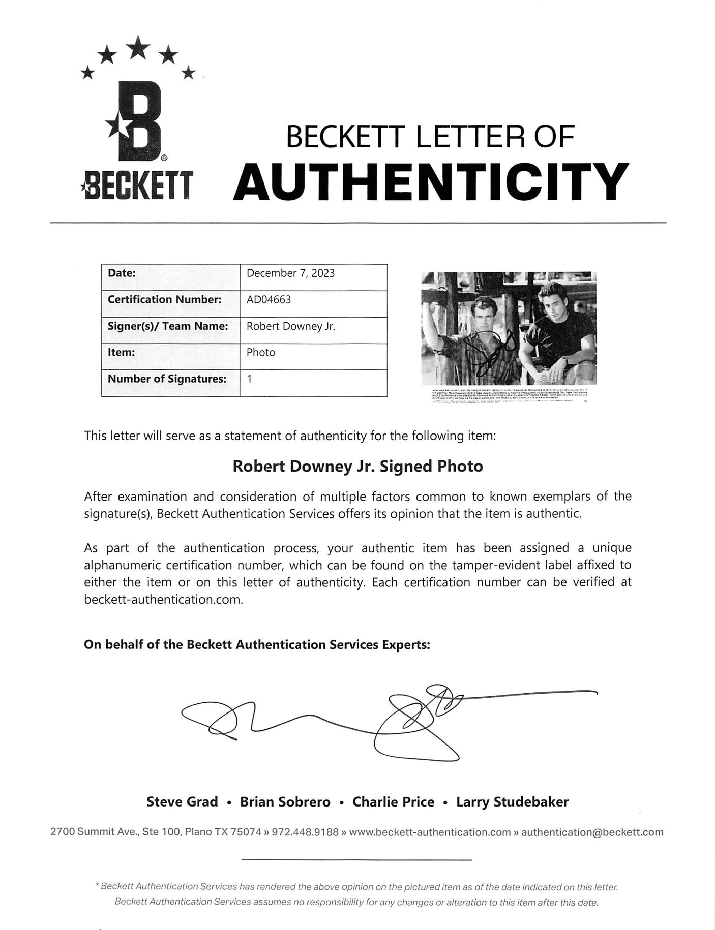 Robert Downey Jr. Air America Authentic Signed 8x10 B&W Photo BAS #AD04663