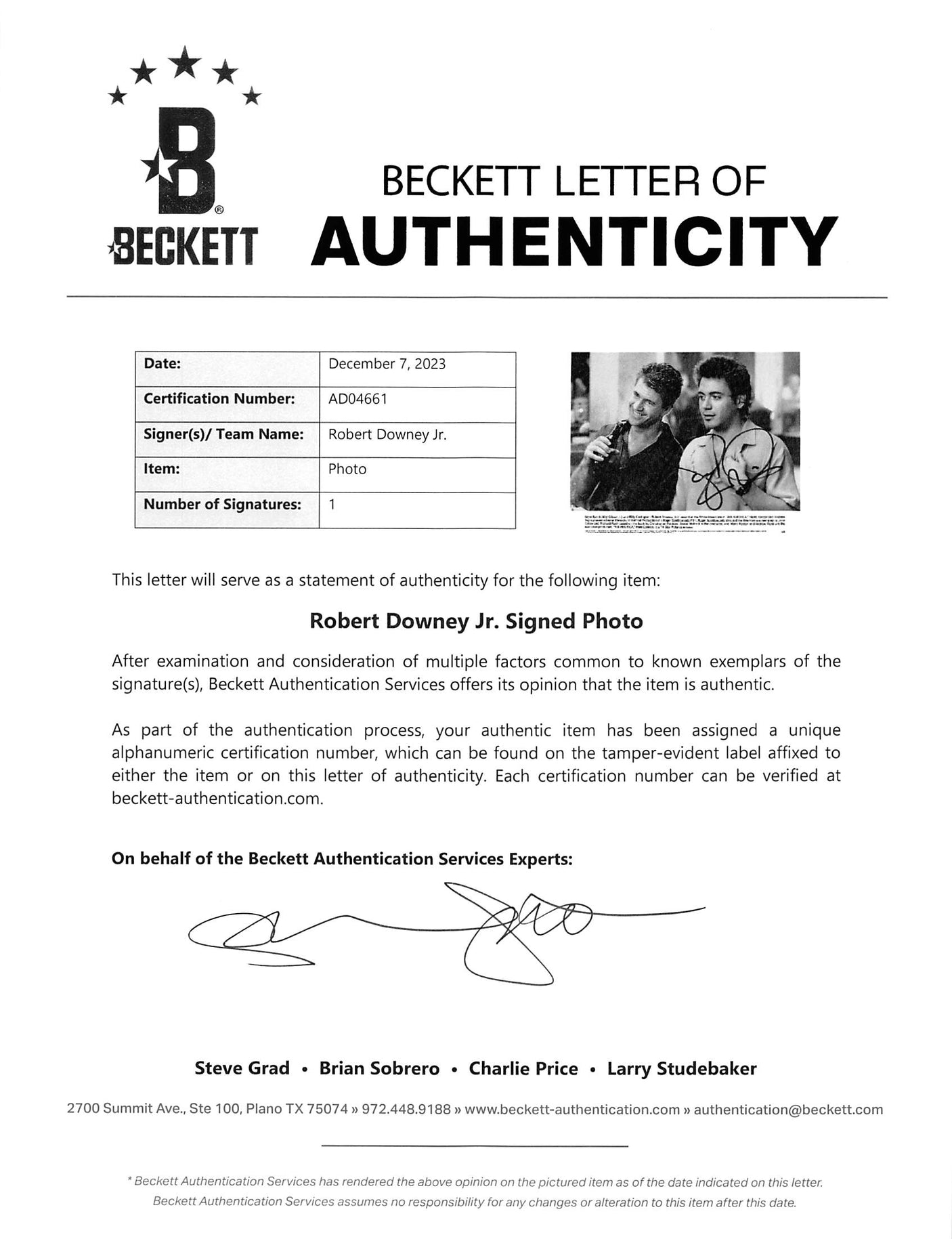 Robert Downey Jr. Air America Authentic Signed 8x10 B&W Photo BAS #AD04661