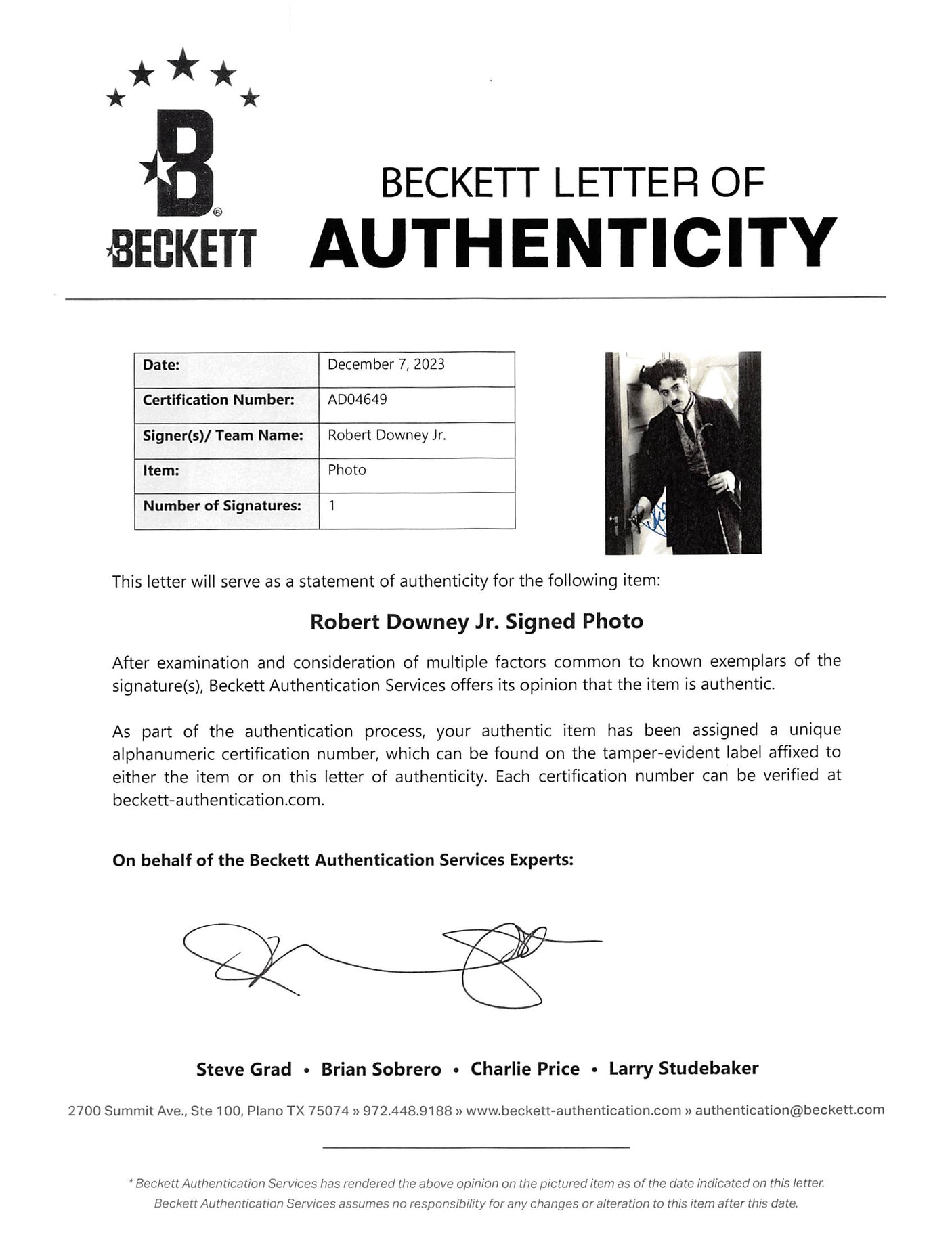 Robert Downey Jr. Chaplin Authentic Signed 8x10 Black & White Photo BAS #AD04649