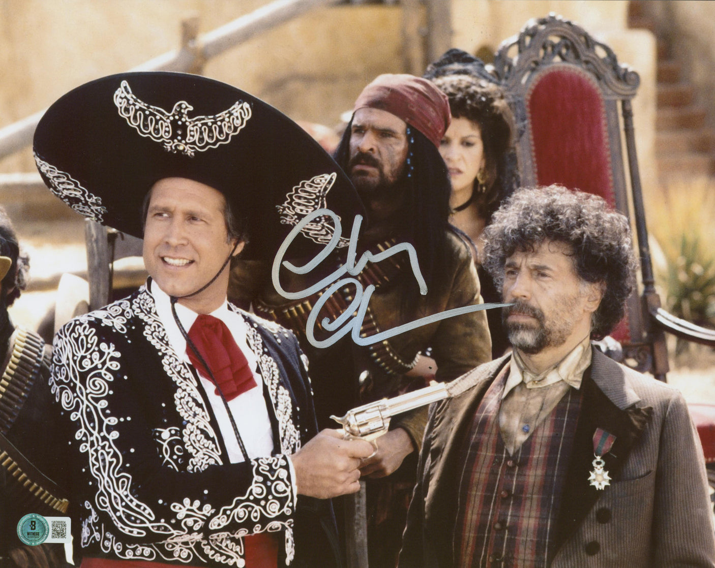 Chevy Chase Three Amigos! Signed 11x14 Horizontal Gun Point Photo BAS Witnessed