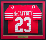 San Francisco 49ers Christian McCaffrey Autographed Framed Red Jersey Beckett BAS QR Stock #234595