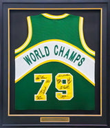 1978-79 NBA Champions Seattle Supersonics Multi Signed Autographed Framed Green Jersey With 9 Signatures Including Lenny Wilkens, Fred Brown & Gus Williams MCS Holo Stock #233872