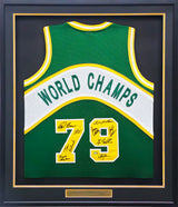 1978-79 NBA Champions Seattle Supersonics Multi Signed Autographed Framed Green Jersey With 9 Signatures Including Lenny Wilkens, Fred Brown & Gus Williams MCS Holo Stock #233872