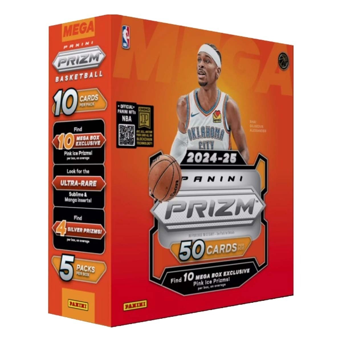 A red 2024/25 Panini Prizm Basketball Card Mega Box from Sports Integrity features an Oklahoma City Thunder player in a white jersey holding a basketball, with card details and exclusives highlighted on the box.