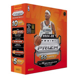 A red 2024/25 Panini Prizm Basketball Card Mega Box from Sports Integrity features an Oklahoma City Thunder player in a white jersey holding a basketball, with card details and exclusives highlighted on the box.