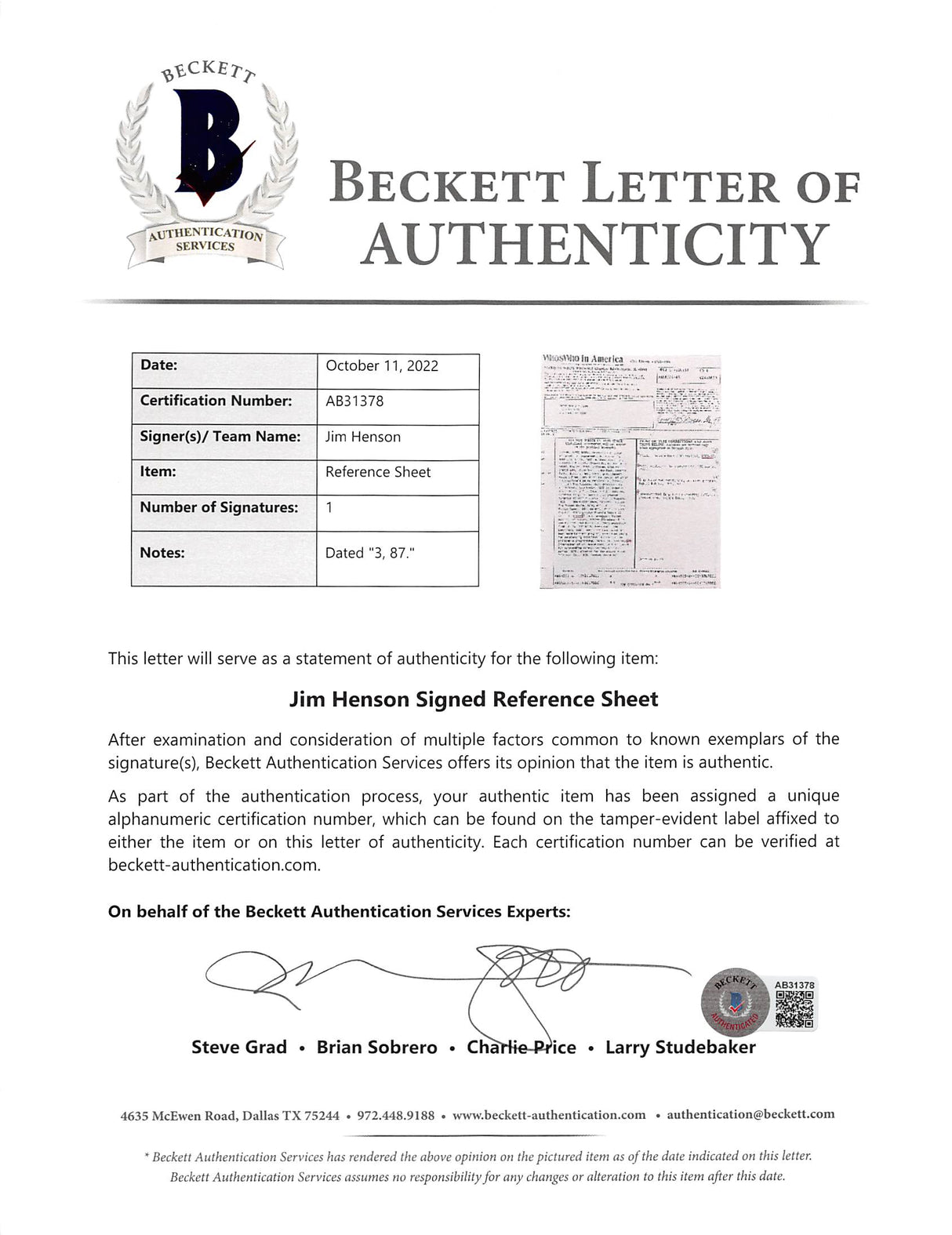 Jim Henson The Muppets Signed 8.5x11 Reference Sheet Document BAS #AB31378