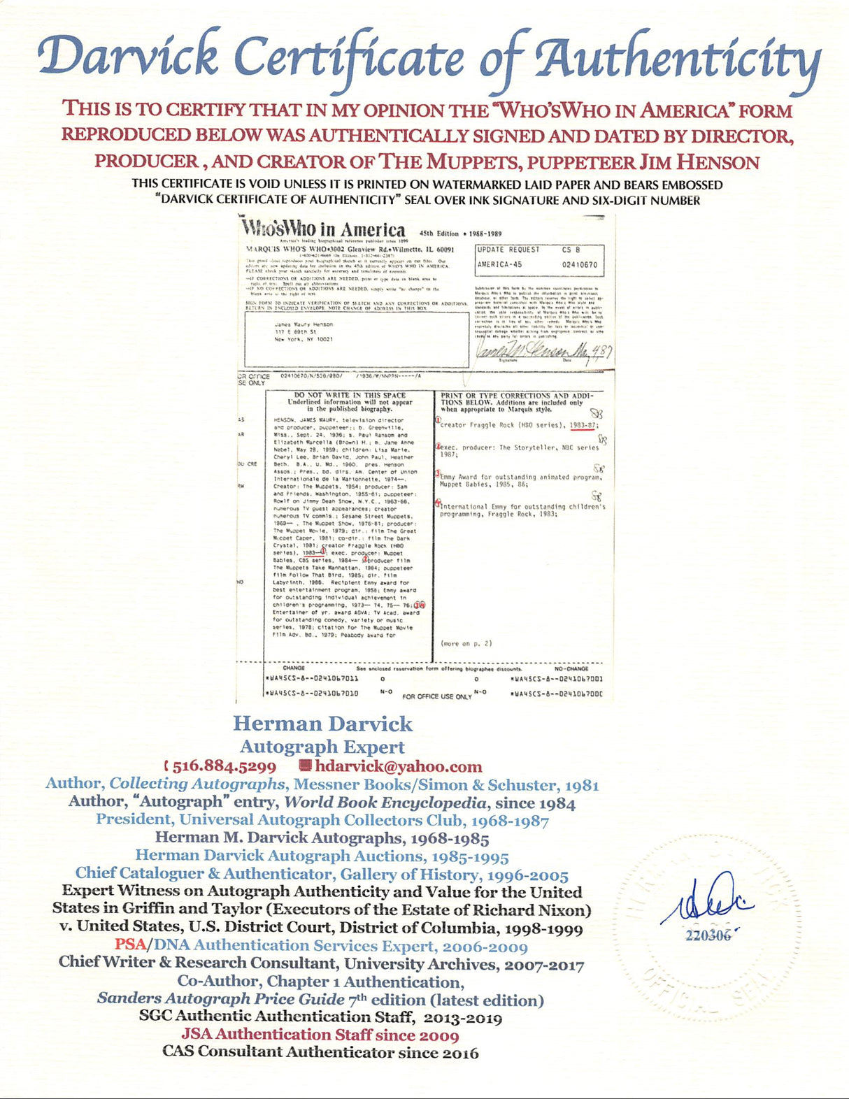 Jim Henson The Muppets Signed 8.5x11 Reference Sheet Document BAS #AB31378