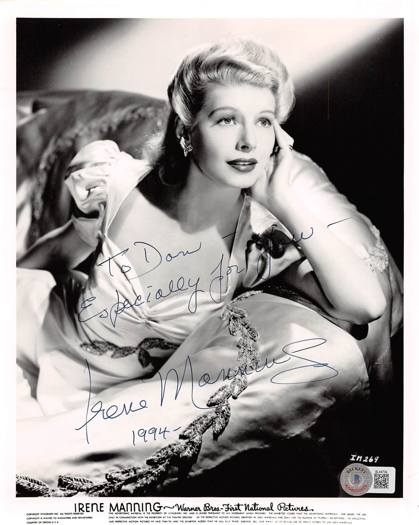 Irene Manning Yankee Doodle Dandy "For You-1994" Signed 8x10 Photo BAS #BL44734