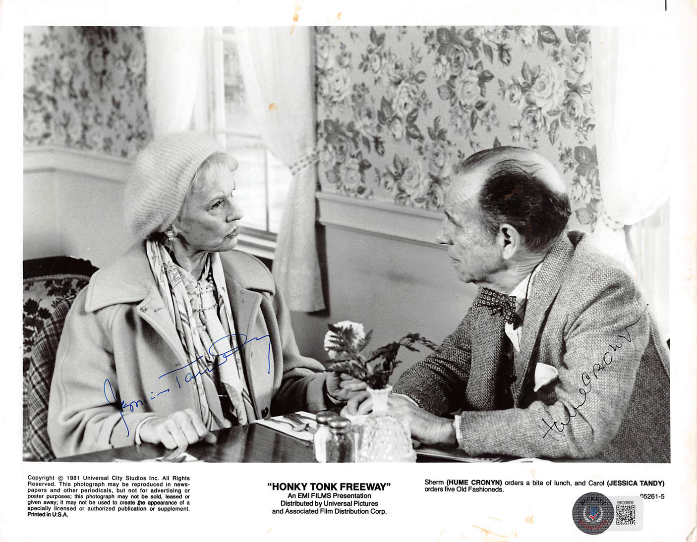 Jessica Tandy & Hume Cronyn Honky Tonk Freeway Signed 8x10 Photo BAS #BK03809