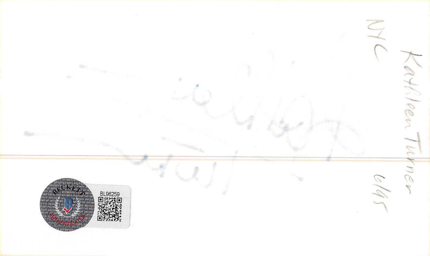 Kathleen Turner Romancing the Stone Authentic Signed 3x5 Index Card BAS #BL96259