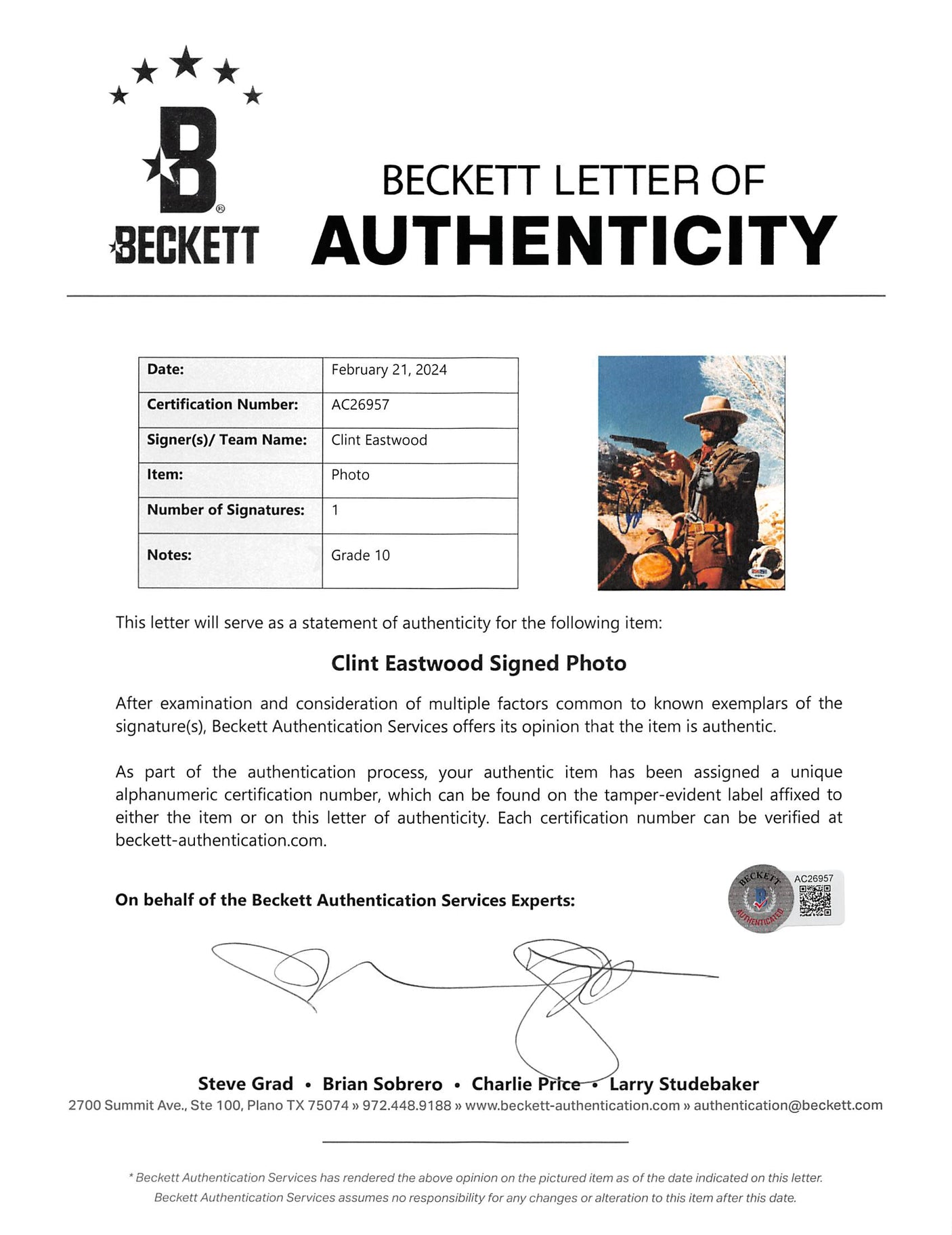 Clint Eastwood Good, the Bad & the Ugly Signed 8x10 Photo Auto 10! BAS #AC26957