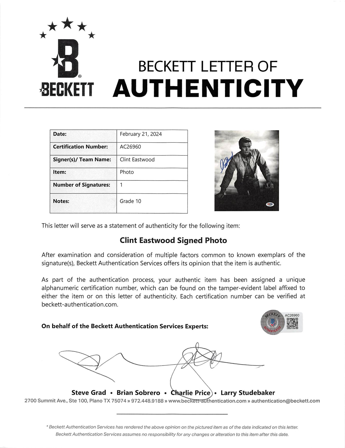 Clint Eastwood Rawhide Authentic Signed 8x10 Photo Auto 10! BAS #AC26960