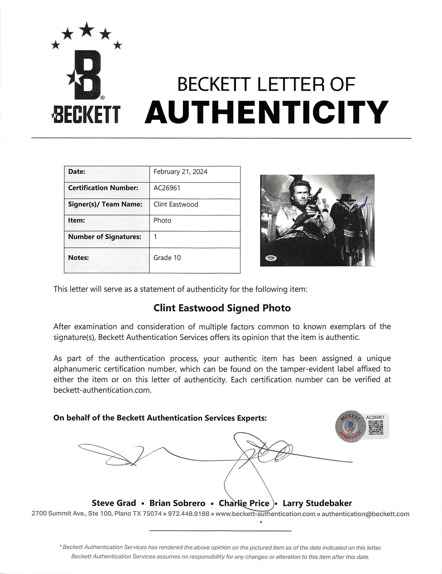 Clint Eastwood Good, the Bad & the Ugly Signed 8x10 Photo Auto 10! BAS #AC26961