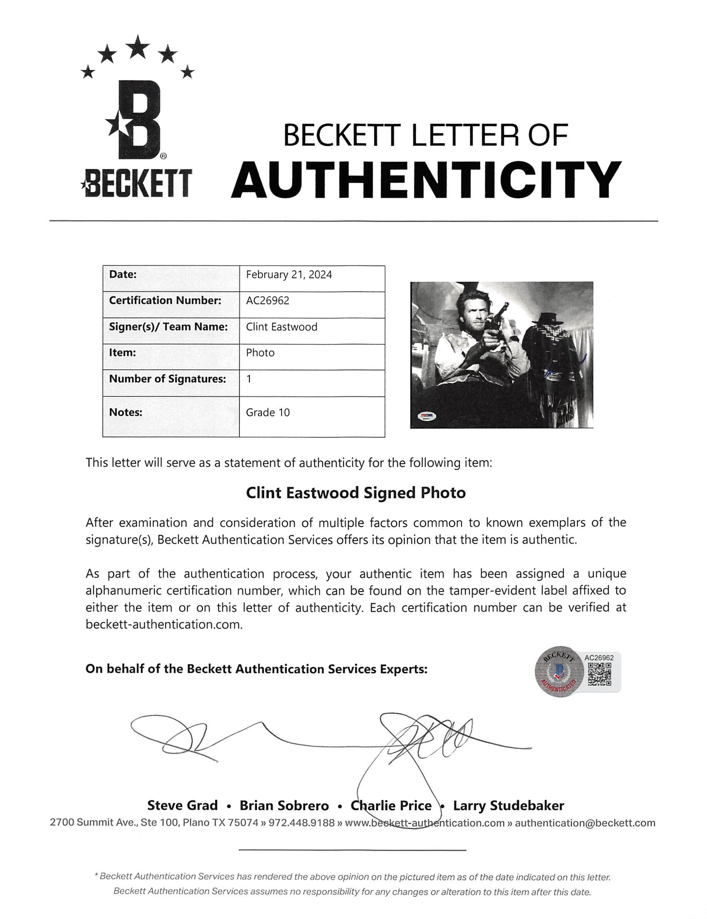 Clint Eastwood Good, the Bad & the Ugly Signed 8x10 Photo Auto 10! BAS #AC26962