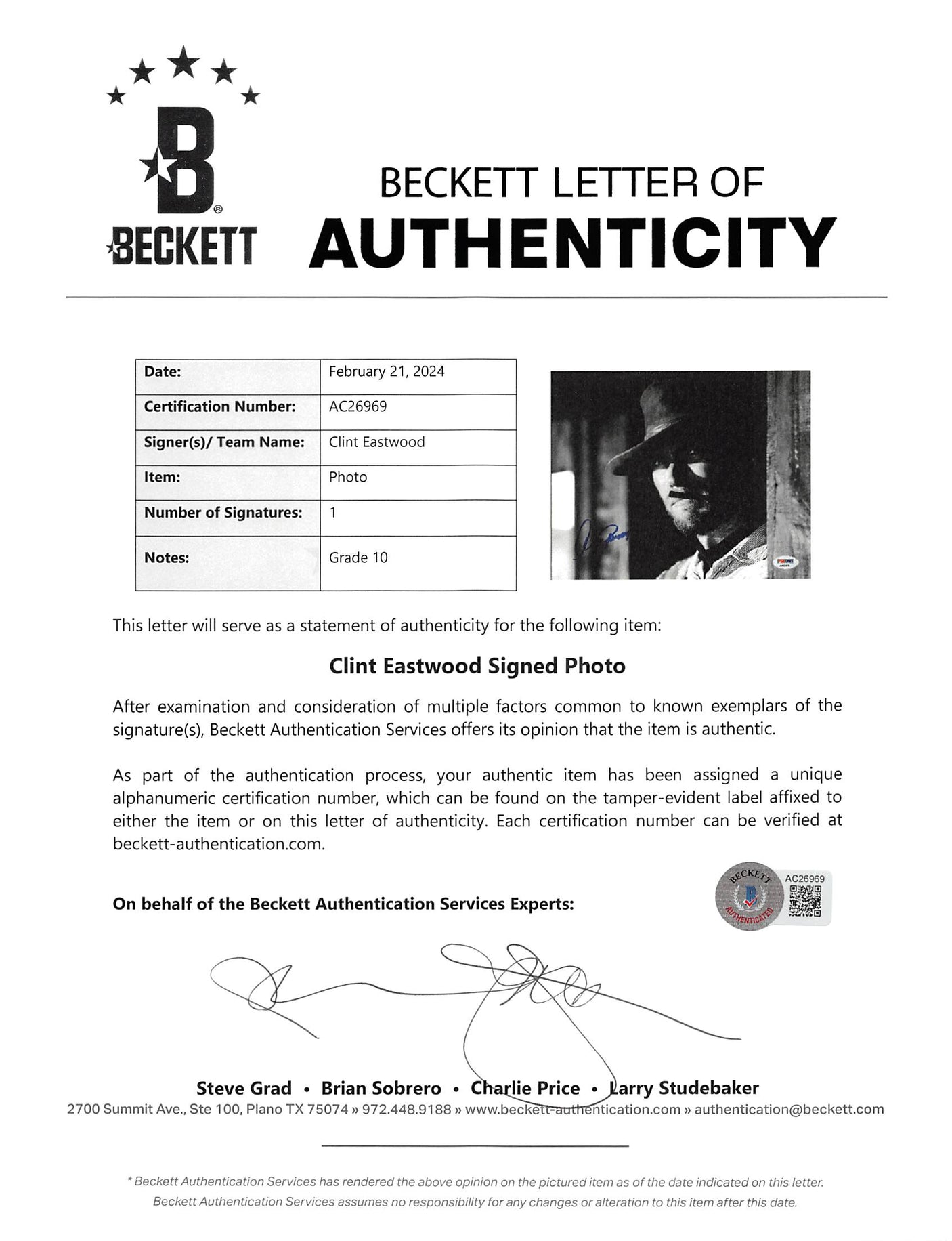 Clint Eastwood Good, the Bad & the Ugly Signed 8x10 Photo Auto 10! BAS #AC26969