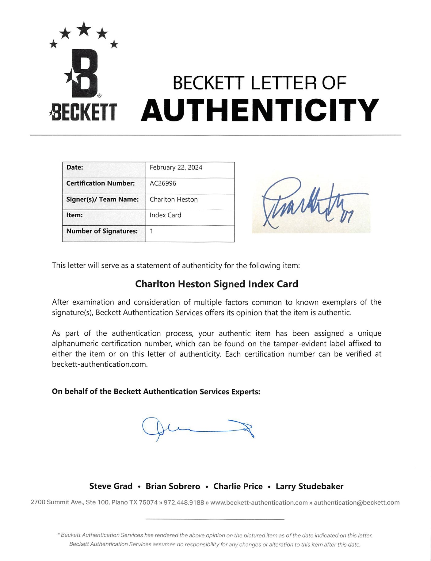 Charlton Heston Ben-Hur Authentic Signed 3x5 Index Card BAS LOA #AC26996