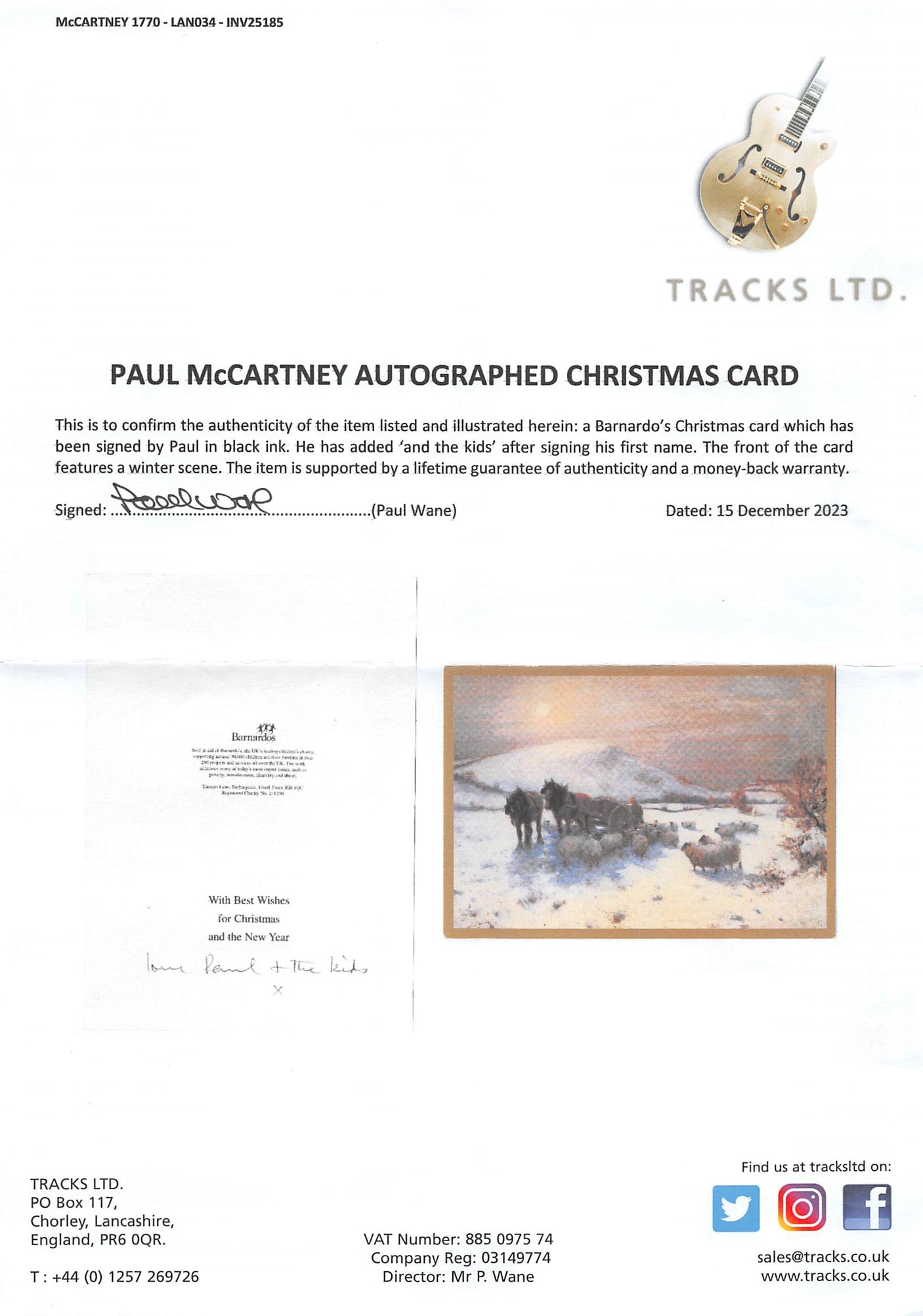 Paul McCartney "Love & The Kids" Signed 6.5x9 Christmas Greeting Card BAS