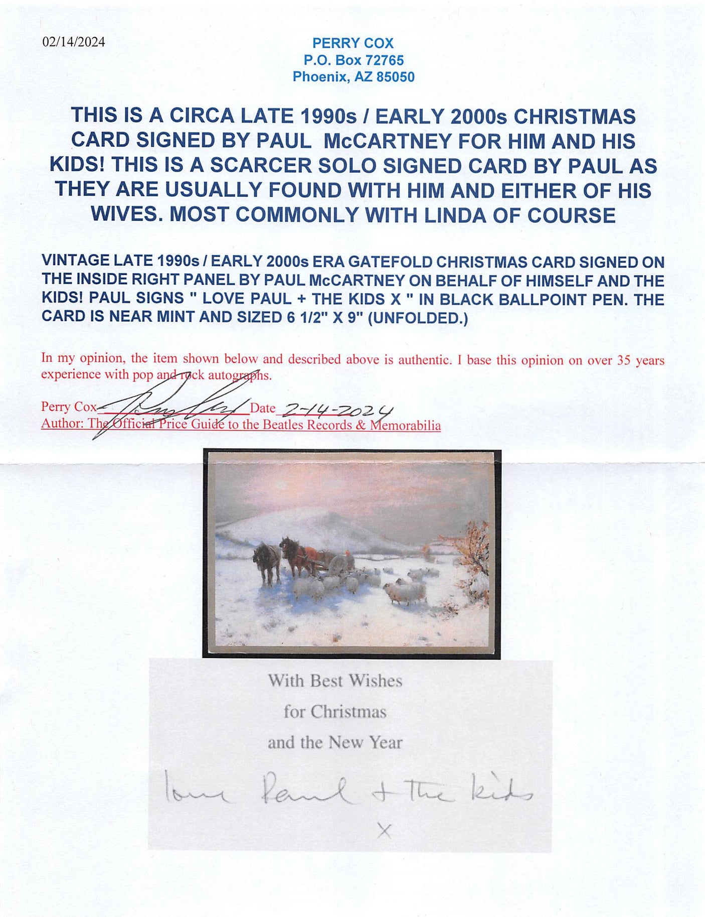 Paul McCartney "Love & The Kids" Signed 6.5x9 Christmas Greeting Card BAS