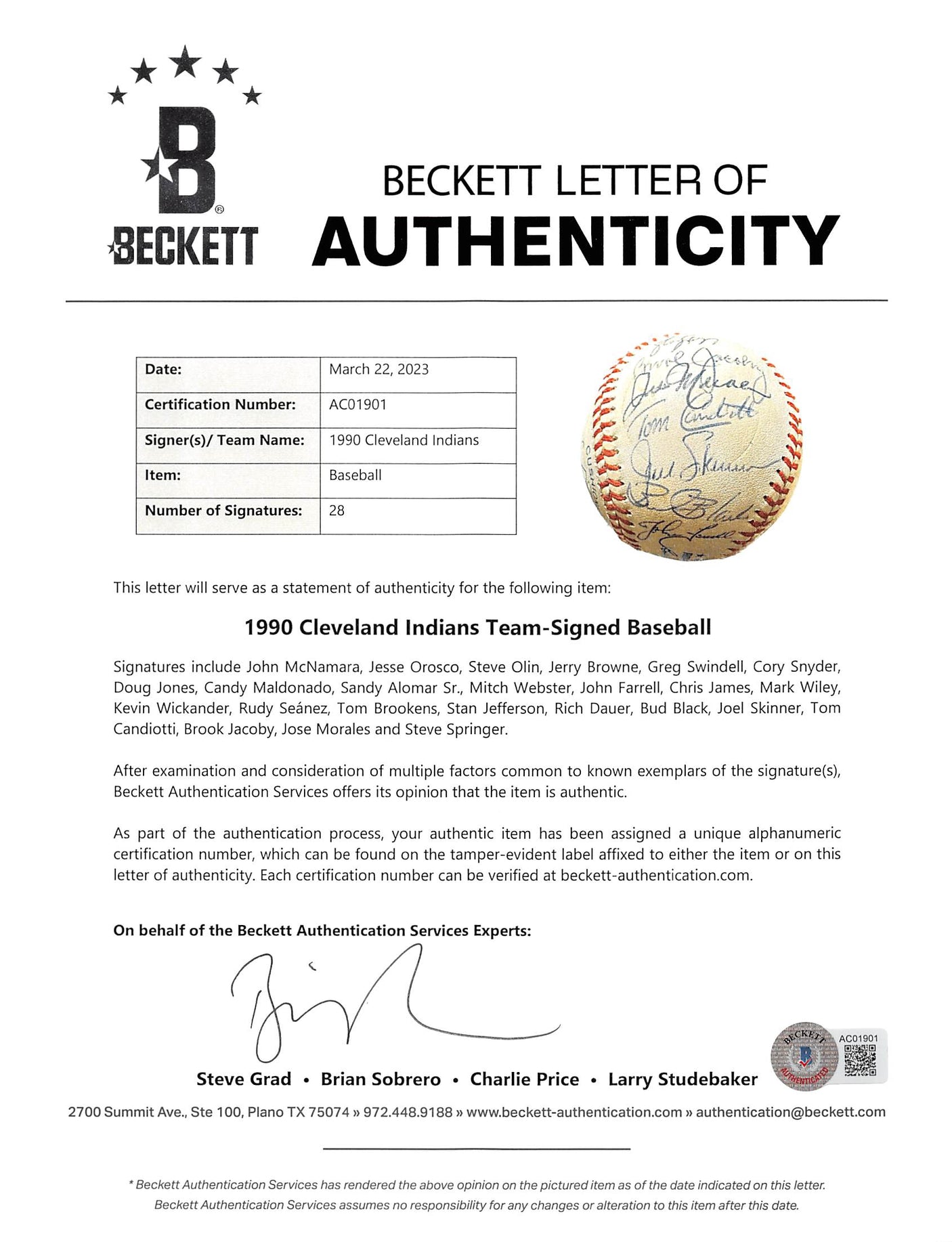 1990 Indians (28) Swindell, Alomar Sr., +26 Signed Oal Baseball BAS #AC01901