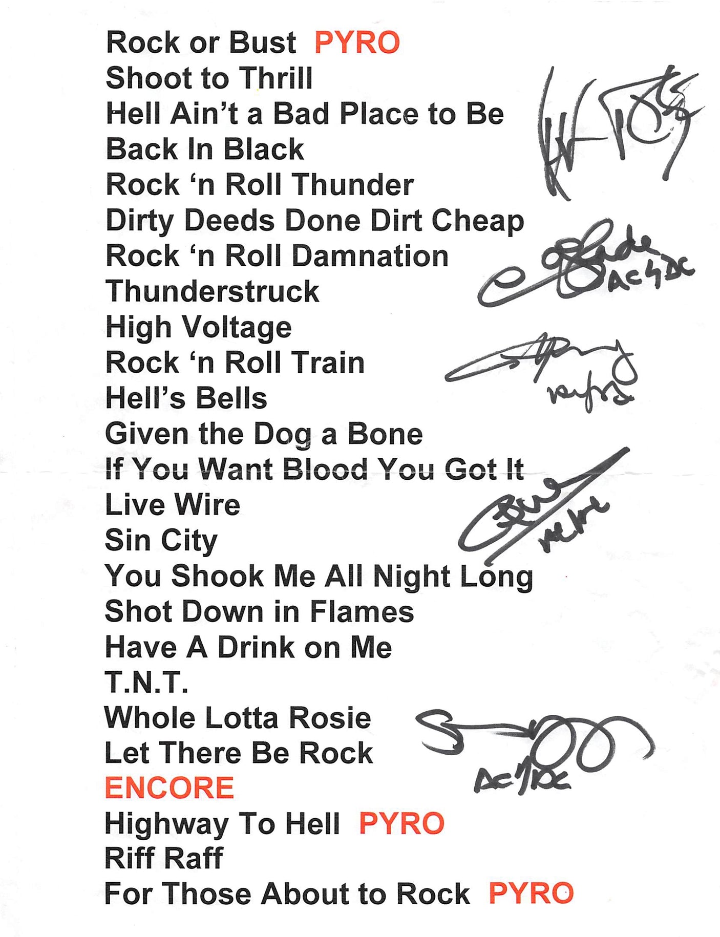 AC/DC (5) Young, Slade, Williams, Young & Rose Signed 2016 Tour Setlist BAS COA