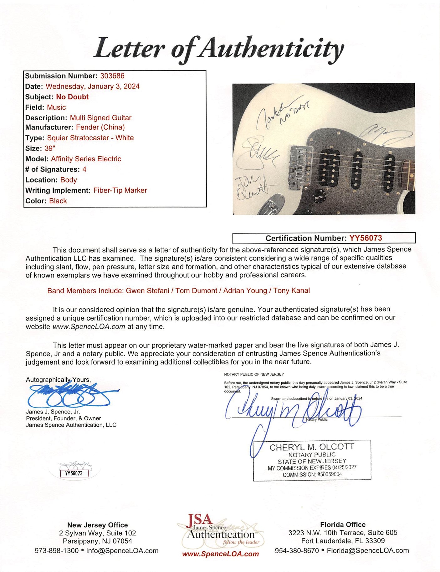 No Doubt (4) Stefani, Dumont, Young & Kanal Signed Fender Squier Guitar JSA