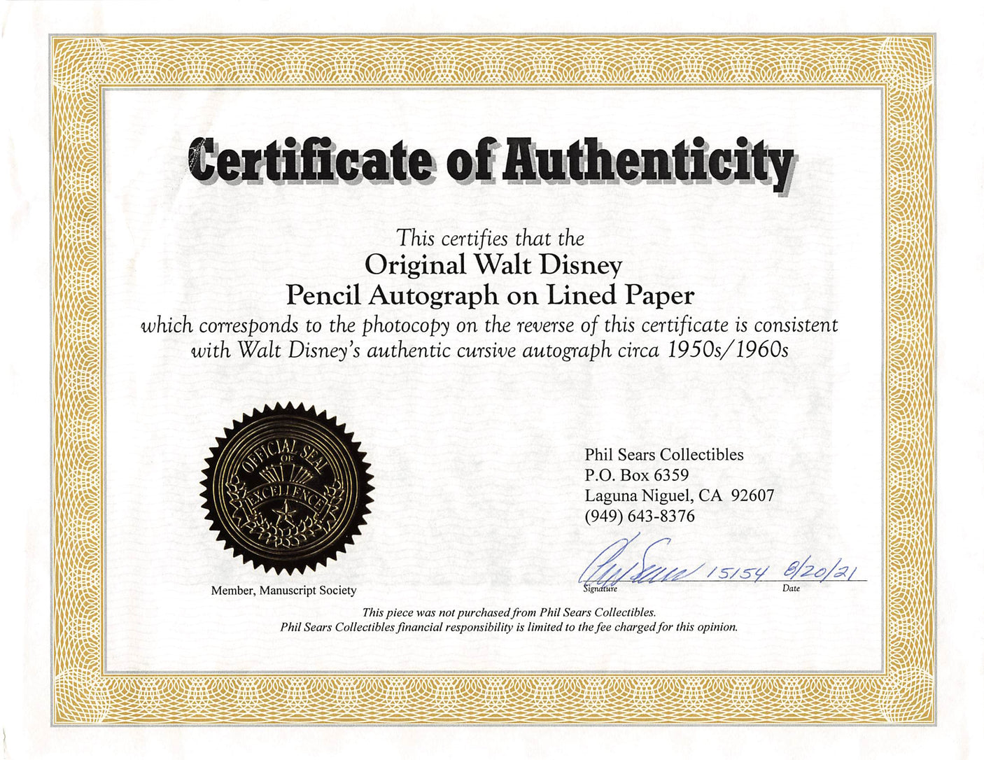 Walt Disney Authentic Signed 2.75x4.25 Cut Signature Sears LOA & PSA/DNA Slabbed