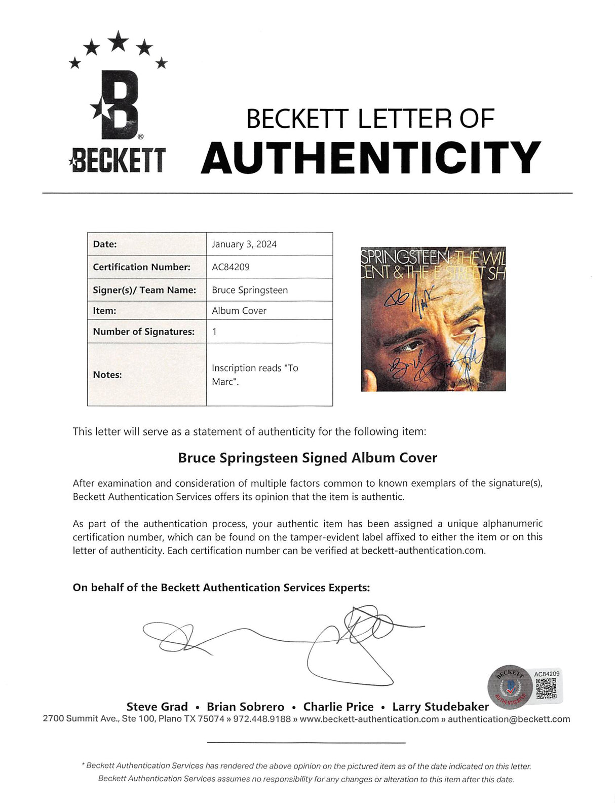 Bruce Springsteen "To Marc" Authentic Signed Album Cover W/ Vinyl BAS #AC84209