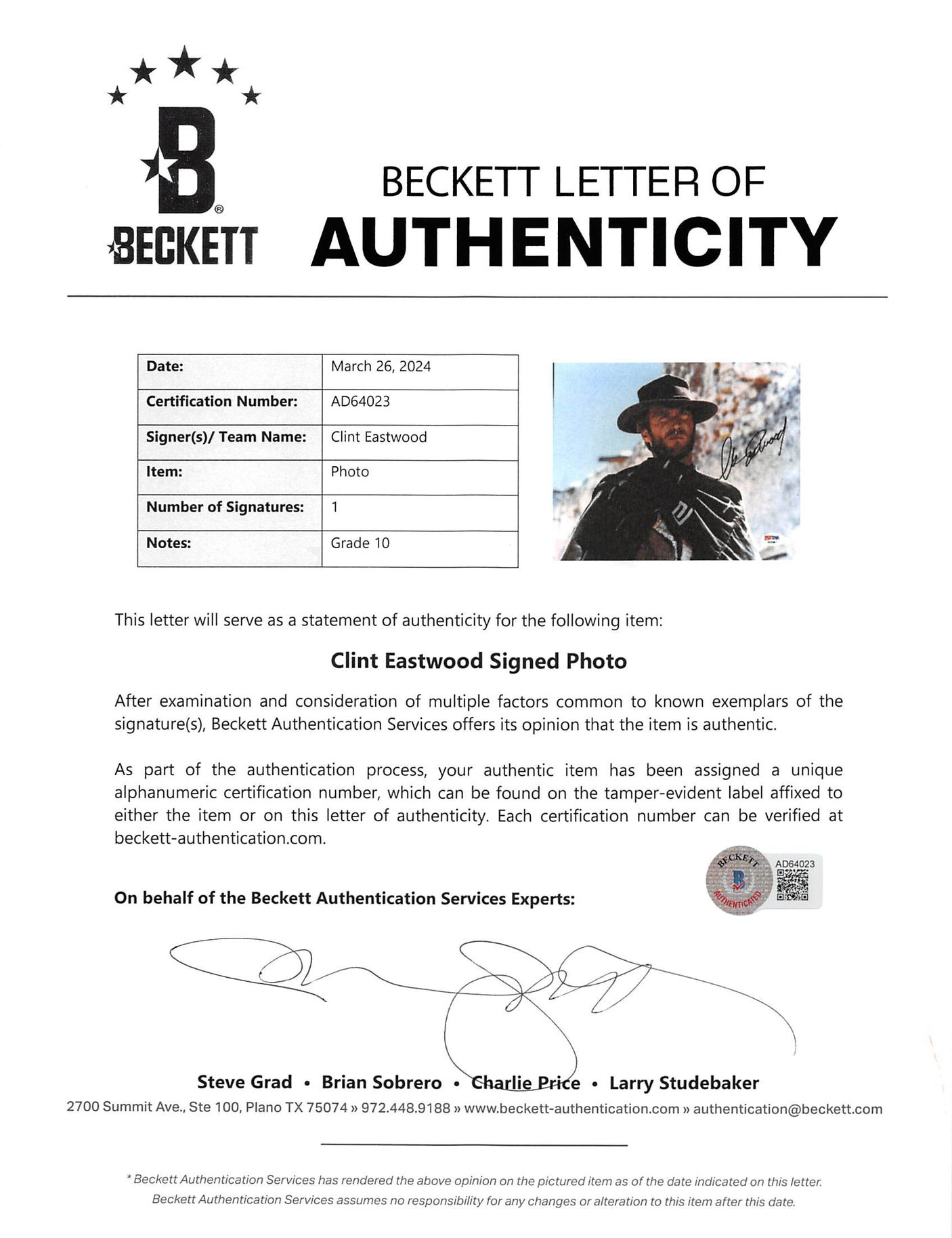 Clint Eastwood Good, the Bad & the Ugly Signed 8x10 Photo Auto 10! BAS #AD64023