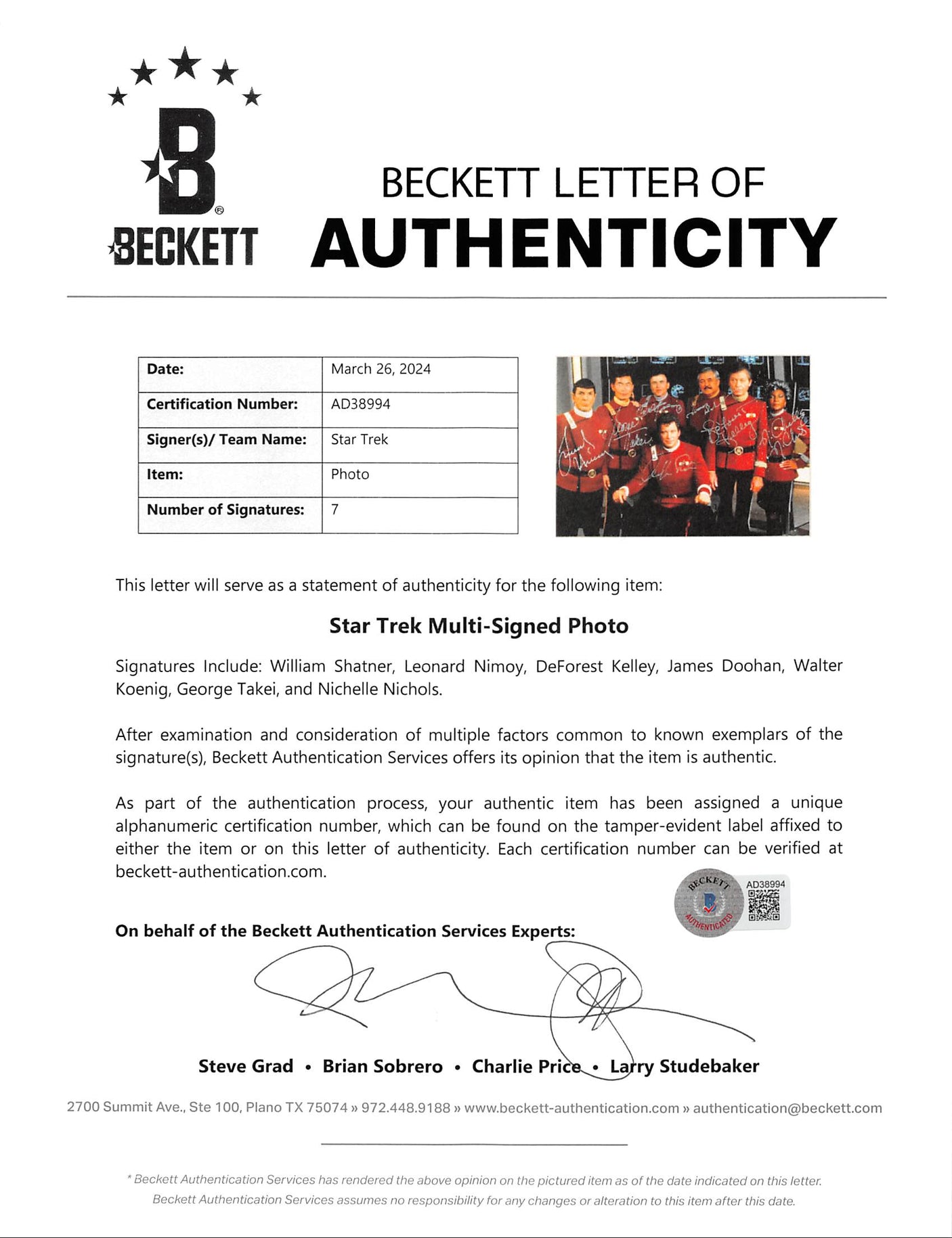 Star Trek (7) Shatner, Nimoy, Takei Signed Framed Photo LE 138/2500 BAS #AD38994