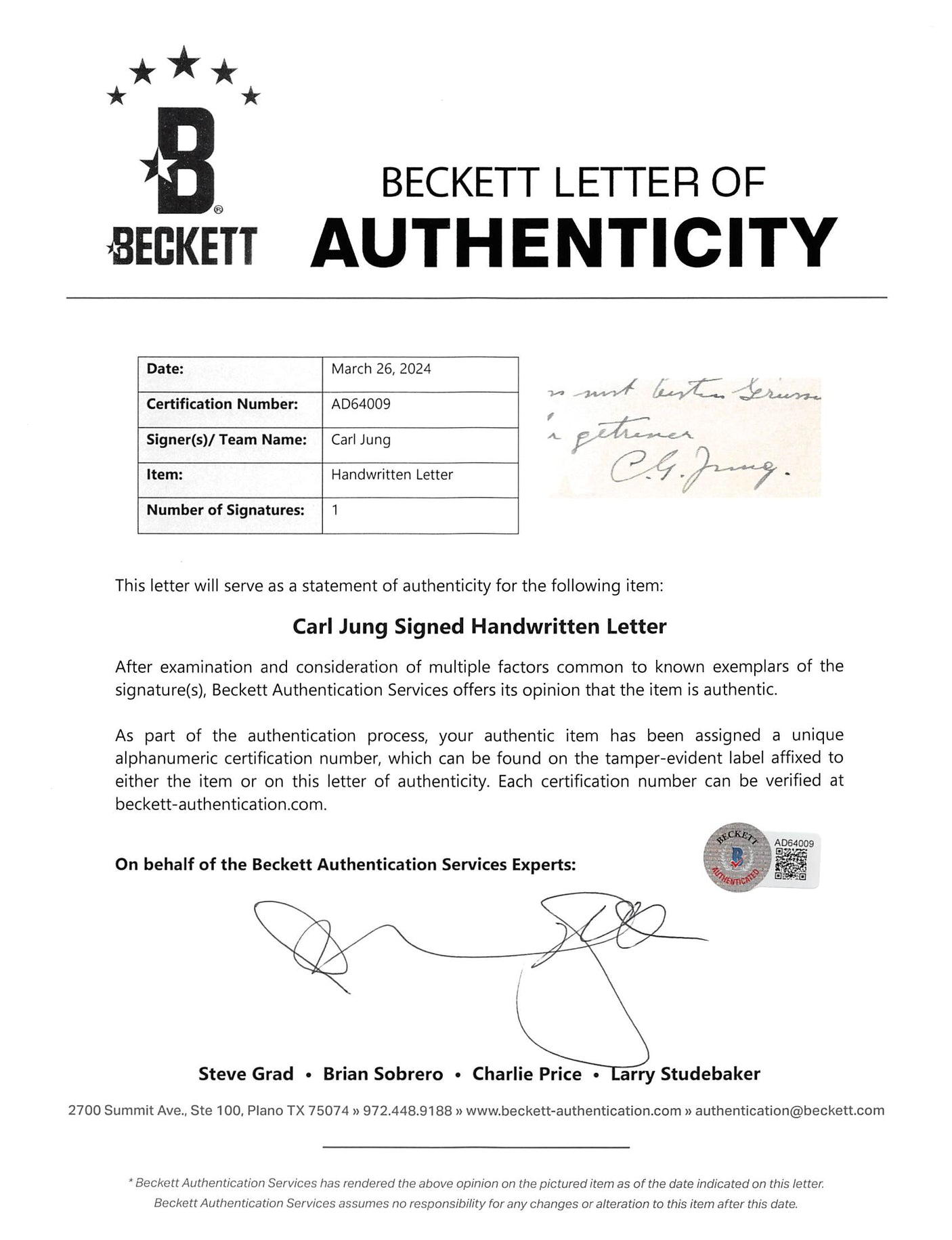 Carl Jung Authentic Signed 8.25x11.5 1949 Handwritten Letter BAS #AD64009