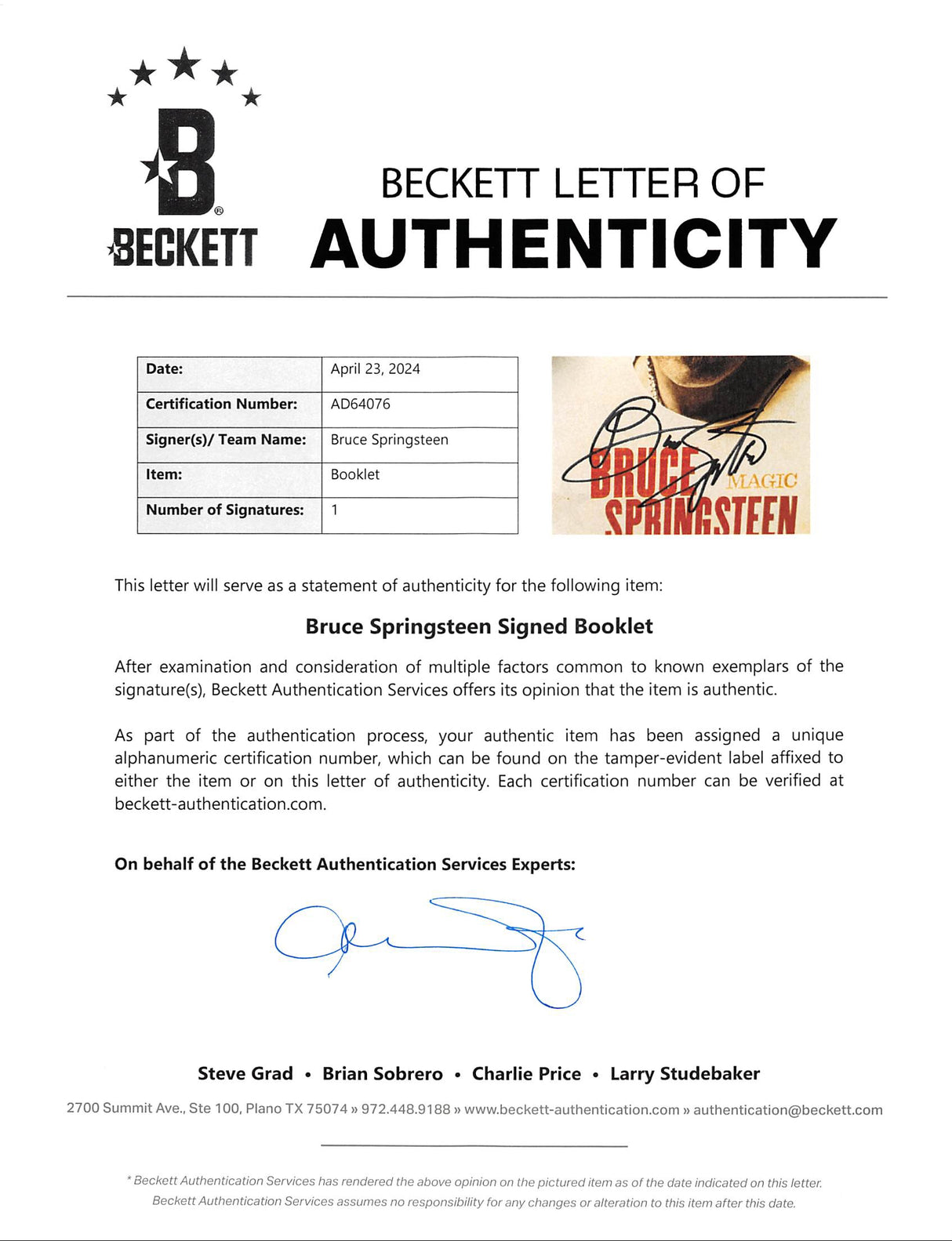 Bruce Springsteen Authentic Signed 6x8 Magic Booklet Autographed BAS #AD64076