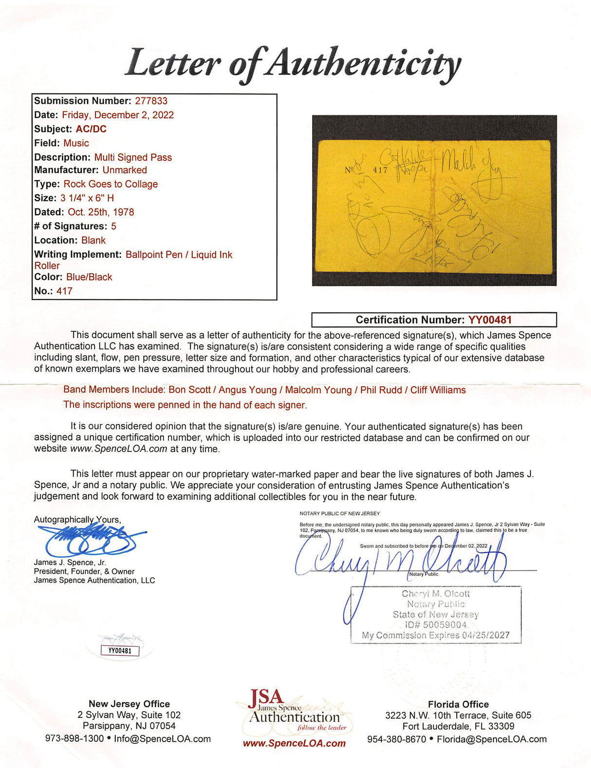 AC/DC Angus, Malcolm, Scott, Rudd & Williams Signed 3.25x6 1978 Ticket Pass JSA