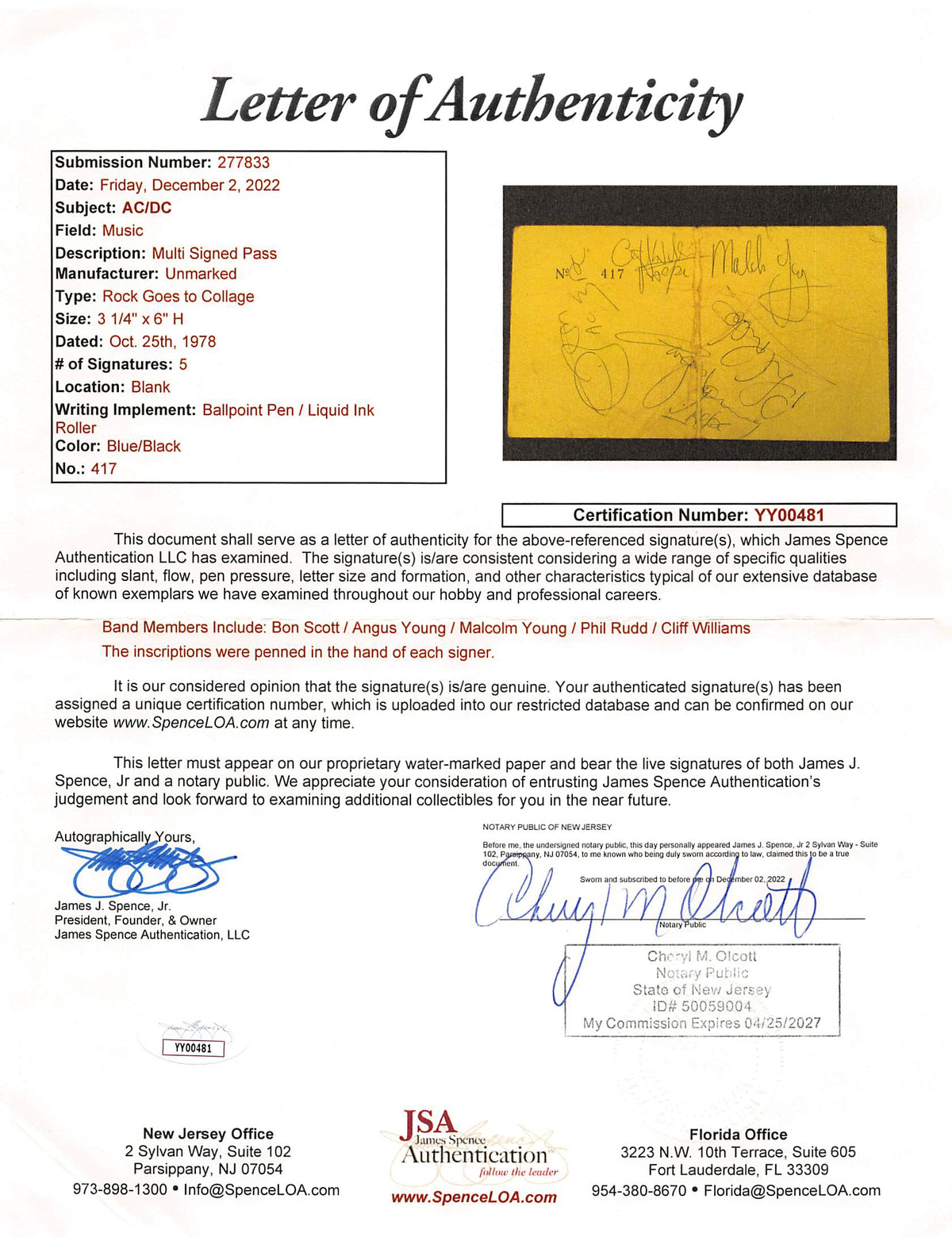 Angus Rudd AC/DC Angus, Malcolm, Scott, Rudd & Williams Signed 3.25x6 1978 Ticket ...