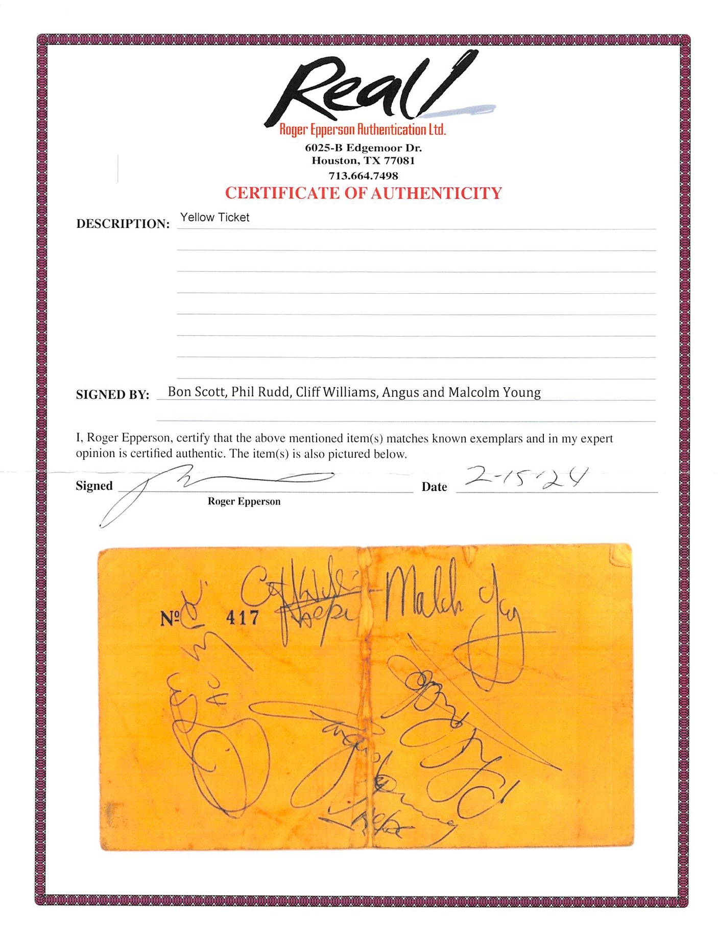 AC/DC Angus, Malcolm, Scott, Rudd & Williams Signed 3.25x6 1978 Ticket Pass JSA