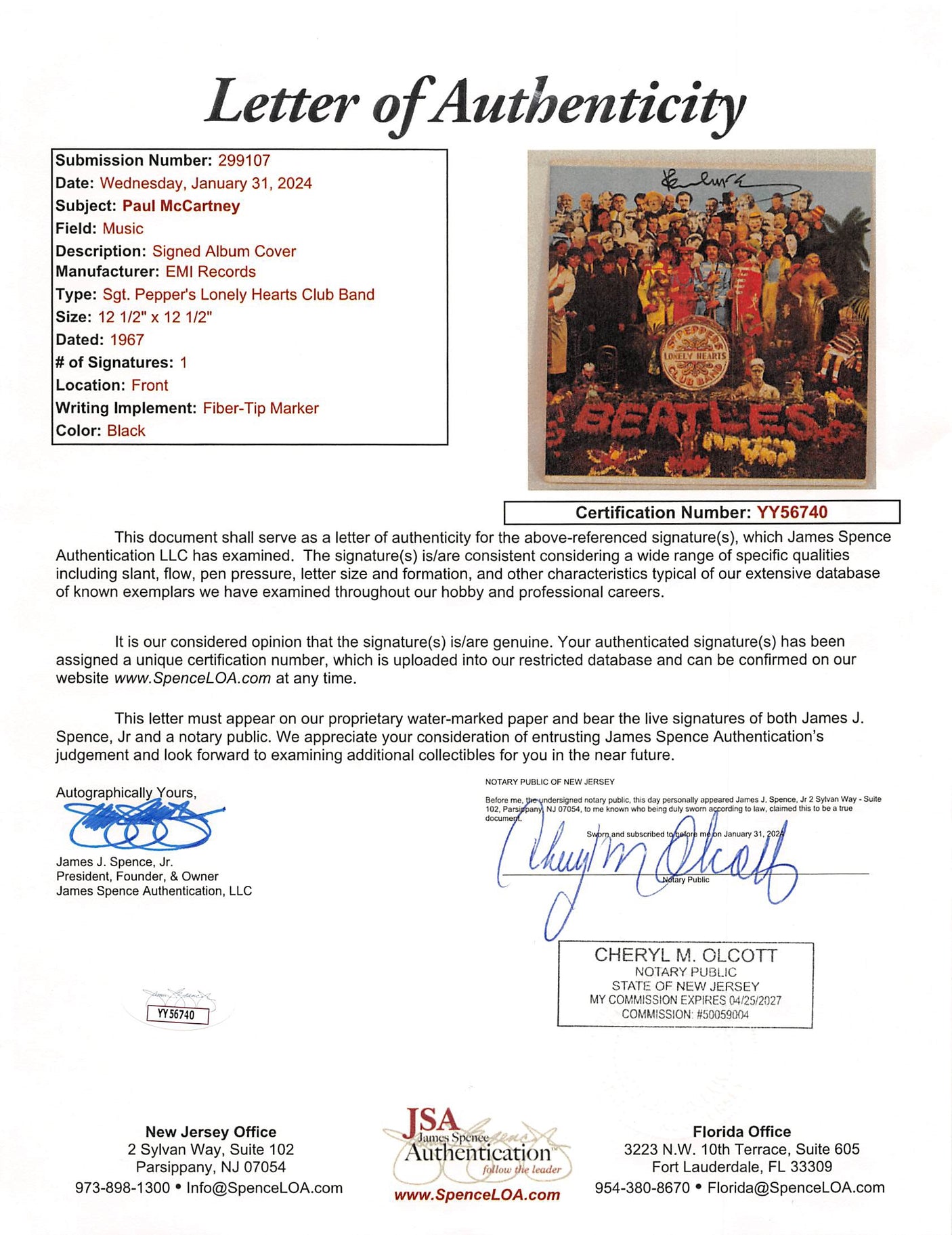 Paul McCartney Beatles Signed Sgt. Pepper's Album Cover W/ Vinyl JSA #YY56740