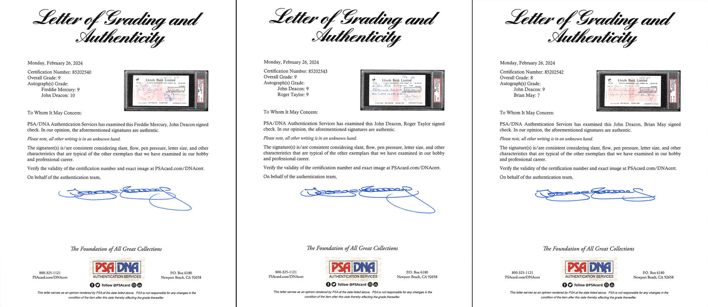 Queen (4) Mercury, May, Deacon, Taylor Signed 1976 Bank Set Of 3 Checks PSA Slab