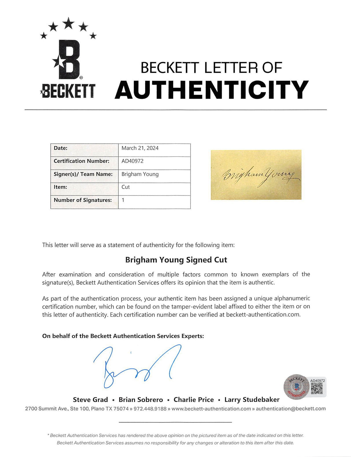 Brigham Young Authentic Signed & Framed 2x3.65 Cut Signature BAS #AD40972