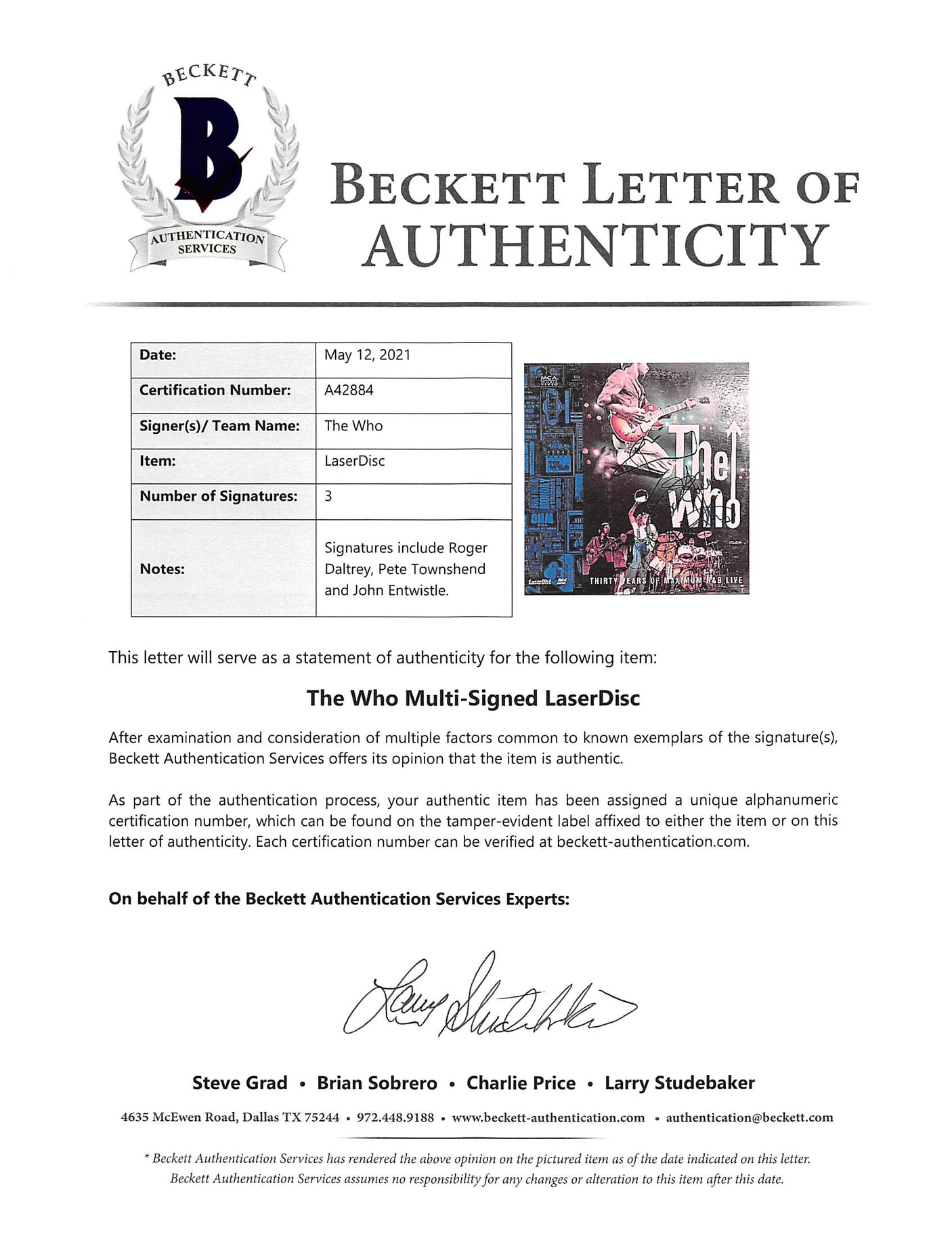 The Who (3) Daltrey, Townshend & Entwistle Signed Laserdisc Cover BAS #A42884